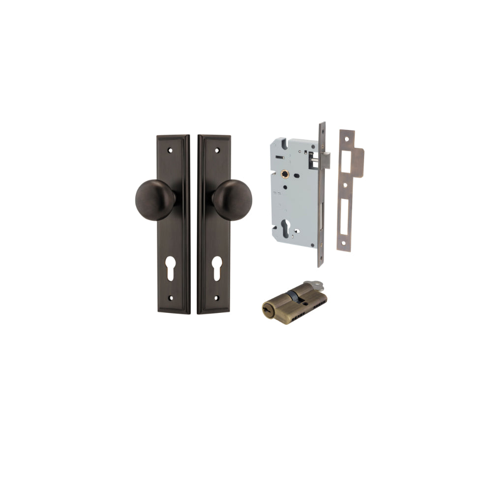 Door Knob Cambridge Stepped Euro Signature Brass CTC85mm H240xW50xP67mm Entrance Kit, Mortice Lock Euro Signature Brass CTC85mm Backset 60mm, Euro Cylinder Dual Function 5 Pin Signature Brass L65mm KA1 in Signature Brass