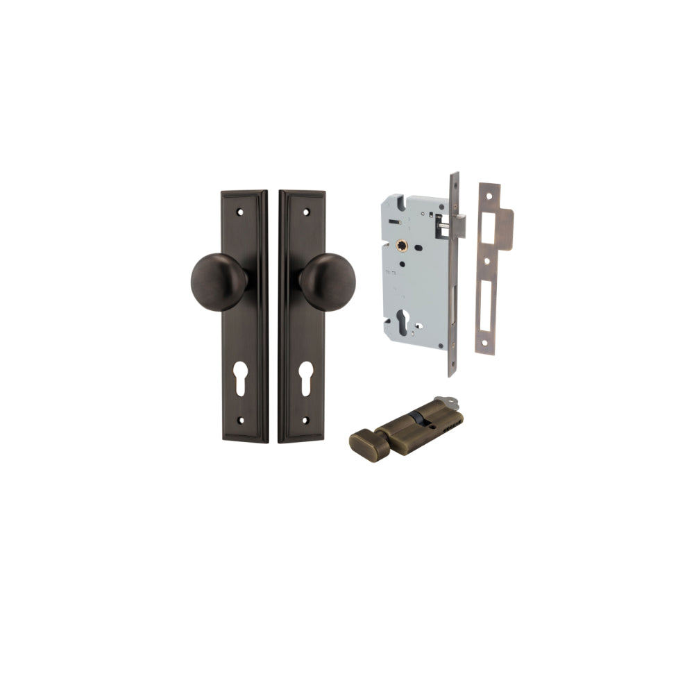 Door Knob Cambridge Stepped Euro Signature Brass CTC85mm H240xW50xP67mm Entrance Kit, Mortice Lock Euro Signature Brass CTC85mm Backset 60mm, Euro Cylinder Key Thumb 6 Pin Signature Brass L70mm KA1 in Signature Brass