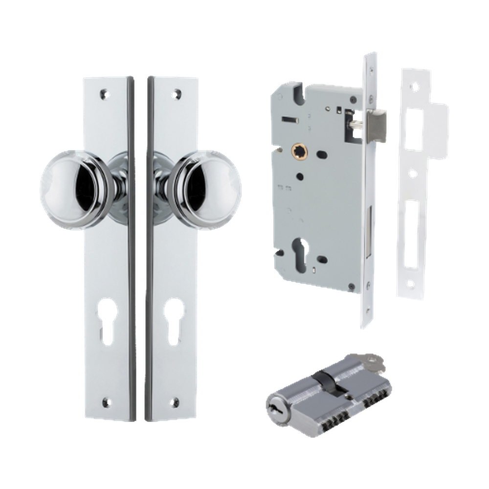 Door Knob Paddington Rectangular Euro Polished Chrome CTC85mm H240xW38xP68mm Entrance Kit Mortice Lock Euro Polished Chrome CTC85mm Backset 60mm, Euro Cylinder Dual Function 5 Pin Polished Chrome L65mm KA1 in Polished Chrome