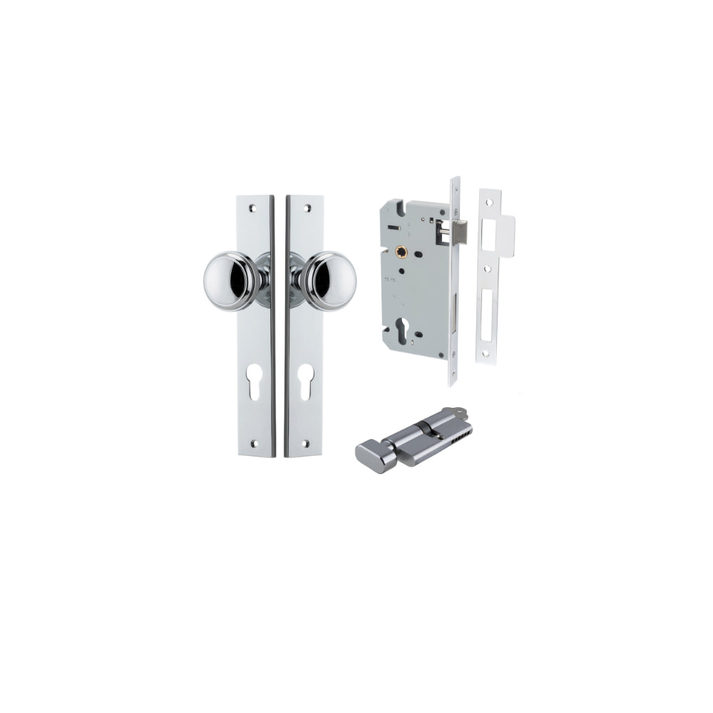 Door Knob Paddington Rectangular Euro Polished Chrome CTC85mm H240xW38xP68mm Entrance Kit Mortice Lock Euro Polished Chrome CTC85mm Backset 60mm, Euro Cylinder Key Thumb 6 Pin Polished Chrome L70mm KA1 in Polished Chrome