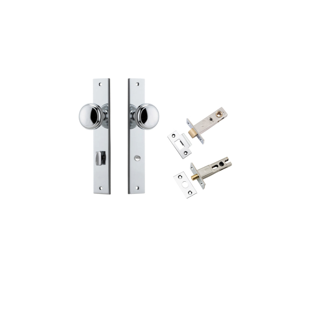 Door Knob Paddington Rectangular Privacy Polished Chrome CTC85mm H240xW38xP68mm Inbuilt Privacy Kit Tube Latch Split Cam 'T' Striker Polished Chrome Backset 60mm, Privacy Bolt Round Bolt Polished Chrome Backset 60mm in Polished Chrome