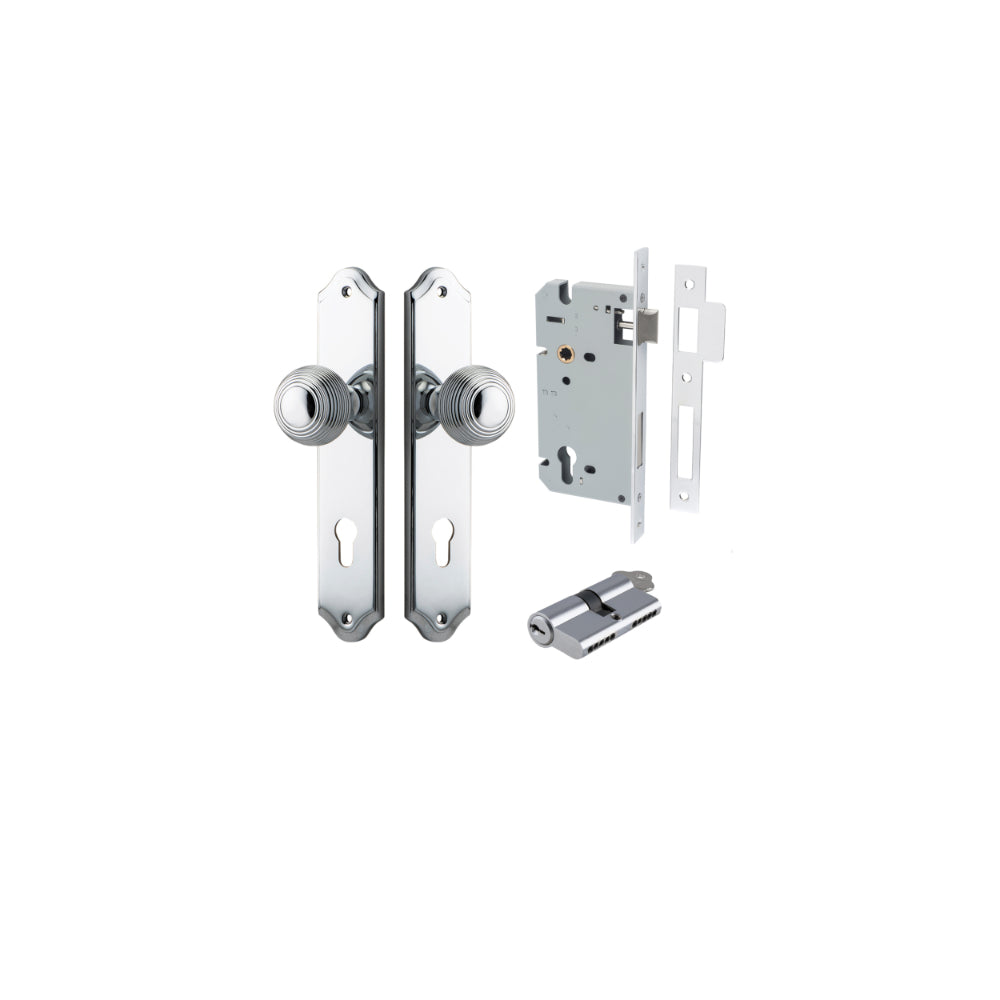 Door Knob Guildford Shouldered Euro Polished Chrome CTC85mm H240xW50xP60mm Entrance Kit, Mortice Lock Euro Polished Chrome CTC85mm Backset 60mm, Euro Cylinder Dual Function 5 Pin Polished Chrome L65mm KA1 in Polished Chrome