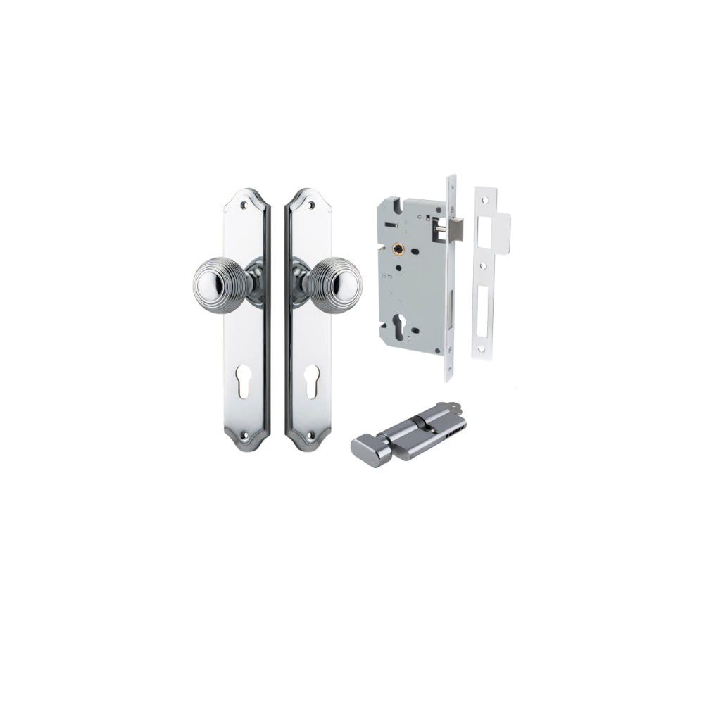 Door Knob Guildford Shouldered Euro Polished Chrome CTC85mm H240xW50xP60mm Entrance Kit, Mortice Lock Euro Polished Chrome CTC85mm Backset 60mm, Euro Cylinder Key Thumb 6 Pin Polished Chrome L70mm KA1 in Polished Chrome