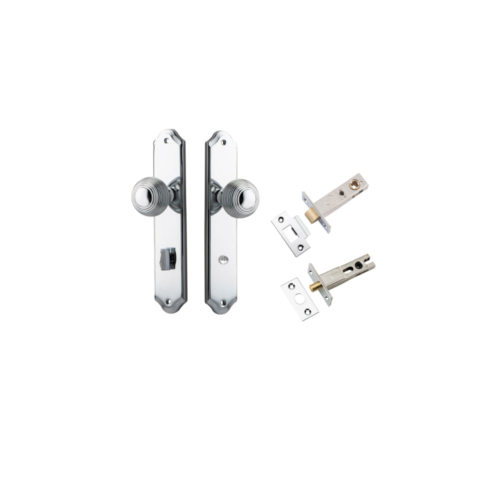 Door Knob Guildford Shouldered Privacy Polished Chrome CTC85mm H240xW50xP60mm Inbuilt Privacy Kit, Tube Latch Split Cam 'T' Striker Polished Chrome Backset 60mm, Privacy Bolt Round Bolt Polished Chrome Backset 60mm in Polished Chrome