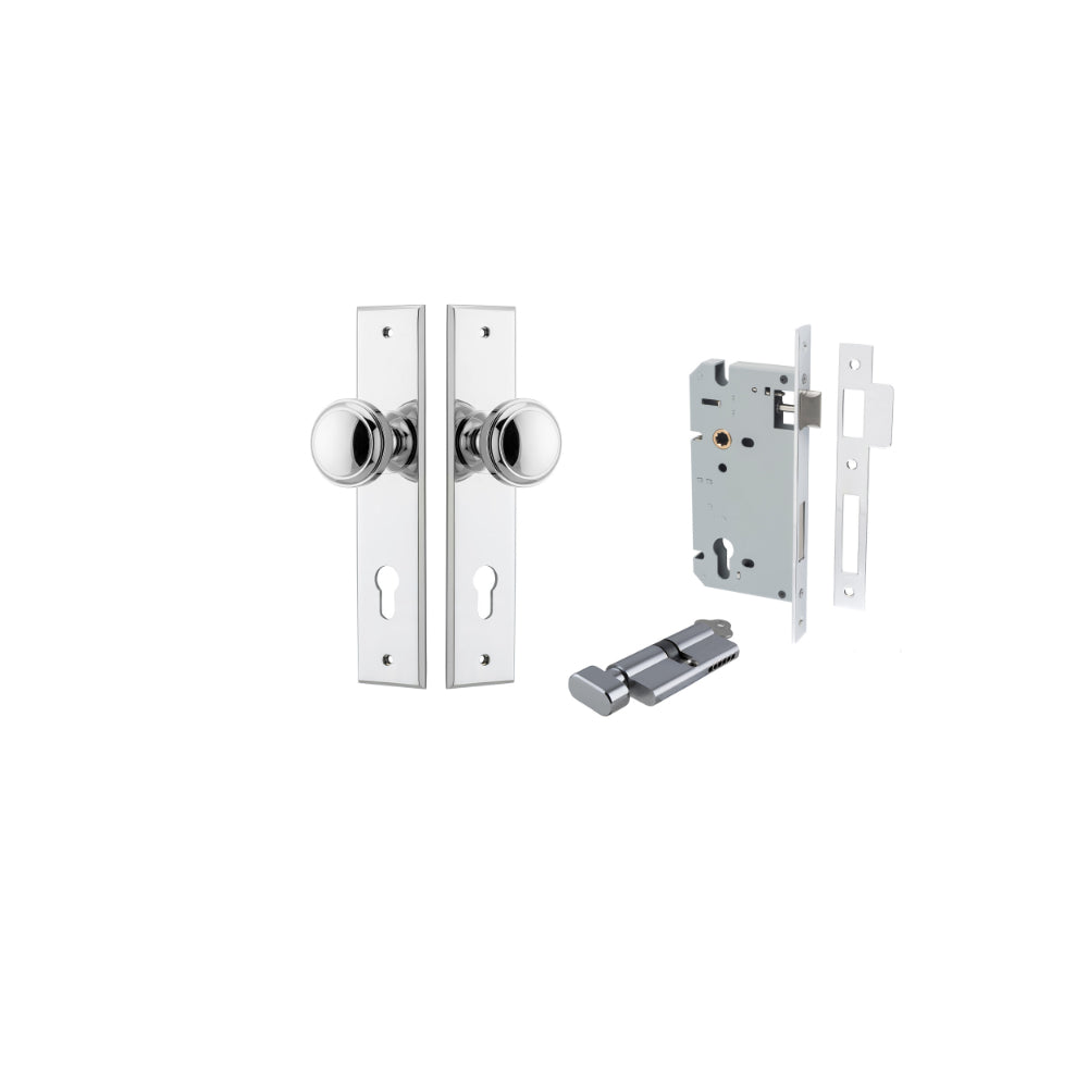 Door Knob Paddington Chamfered Euro Pair Polished Chrome CTC85mm D55xP63mm BPH240xW50mm, Mortice Lock Euro Polished Chrome CTC85mm Backset 60mm, Euro Cylinder Key Thumb 5 Pin Polished Chrome 65mm KA4 in Polished Chrome