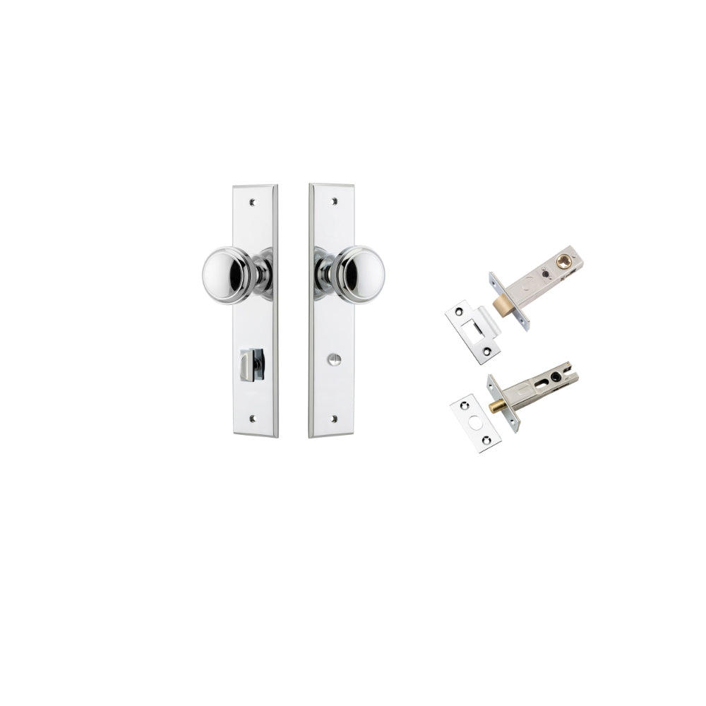 Door Knob Paddington Chamfered Privacy Polished Chrome CTC85mm D55xP63mm BPH240xW50mm Privacy Kit, Tube Latch Split Cam 'T' Striker Polished Chrome Backset 60mm, Privacy Bolt Round Bolt Polished Chrome Backset 60mm in Polished Chrome