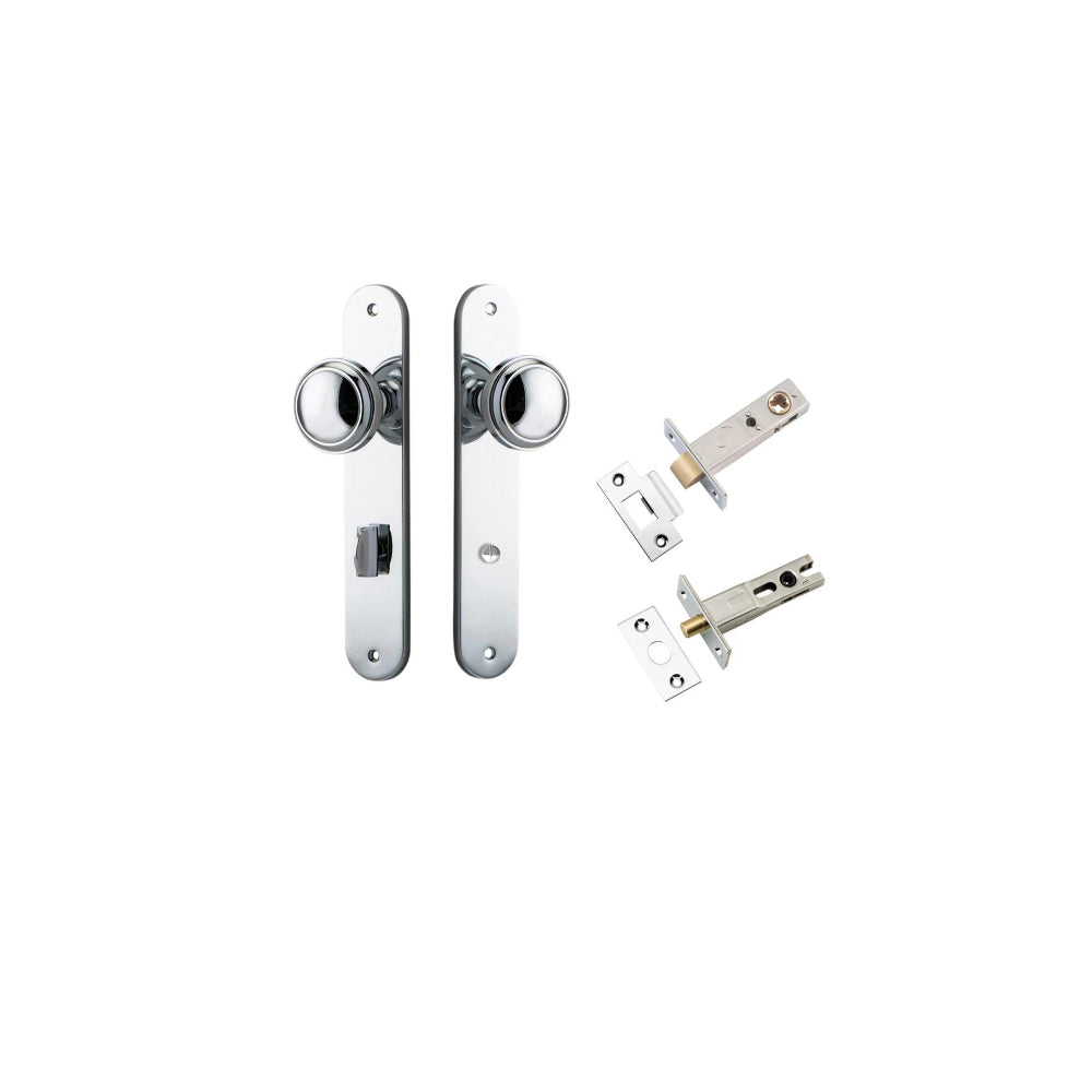 Door Knob Paddington Oval Privacy Polished Chrome CTC85mm H240xW40xP68mm Inbuilt Privacy Kit, Tube Latch Split Cam 'T' Striker Polished Chrome Backset 60mm, Privacy Bolt Round Bolt Polished Chrome Backset 60mm in Polished Chrome
