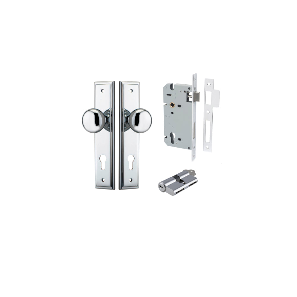 Door Knob Cambridge Stepped Euro Polished Chrome CTC85mm H240xW50xP67mm Entrance Kit, Mortice Lock Euro Polished Chrome CTC85mm Backset 60mm, Euro Cylinder Dual Function 5 Pin Polished Chrome L65mm KA1 in Polished Chrome