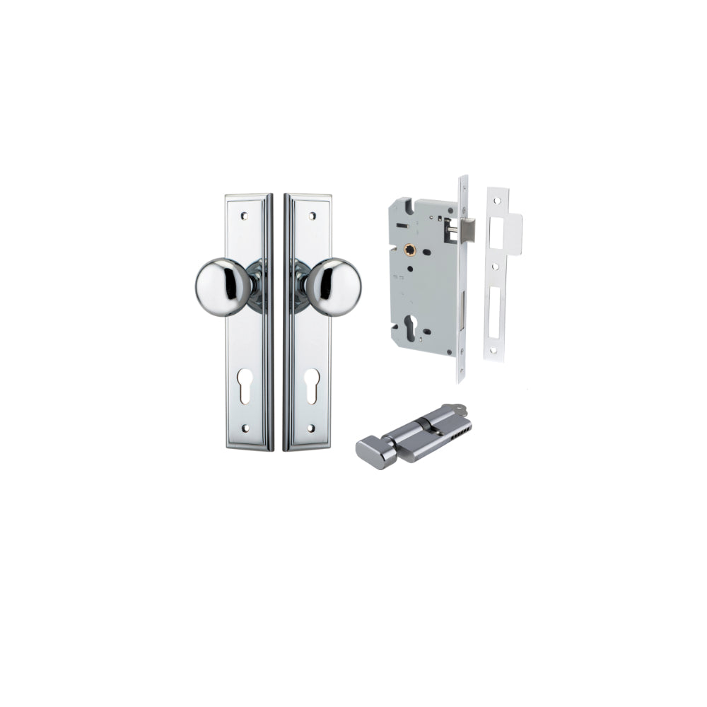 Door Knob Cambridge Stepped Euro Polished Chrome CTC85mm H240xW50xP67mm Entrance Kit, Mortice Lock Euro Polished Chrome CTC85mm Backset 60mm, Euro Cylinder Key Thumb 6 Pin Polished Chrome L70mm KA1 in Polished Chrome