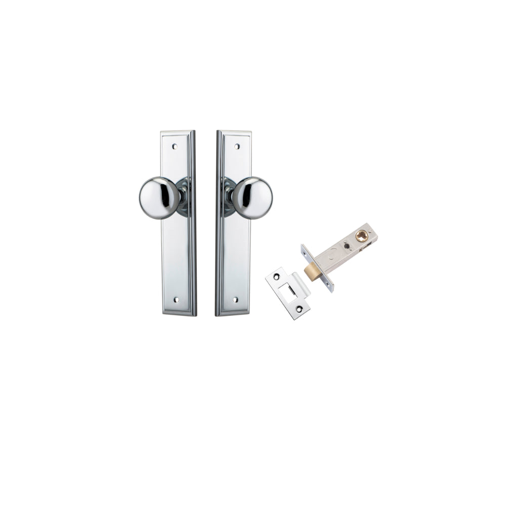 Door Knob Cambridge Stepped Latch Polished Chrome H240xW50xP67mm Passage Kit, Tube Latch Split Cam 'T' Striker Polished Chrome Backset 60mm in Polished Chrome