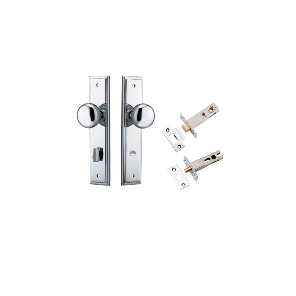 Door Knob Cambridge Stepped Privacy Polished Chrome CTC85mm H240xW50xP67mm Inbuilt Privacy Kit, Tube Latch Split Cam 'T' Striker Polished Chrome Backset 60mm, Privacy Bolt Round Bolt Polished Chrome Backset 60mm in Polished Chrome