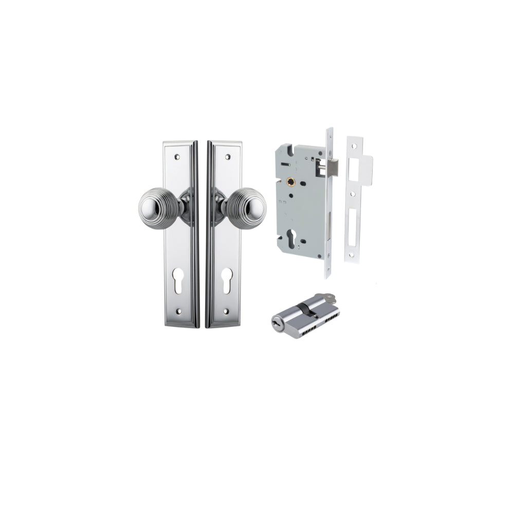 Door Knob Guildford Stepped Euro Polished Chrome CTC85mm H240xW50xP60mm Entrance Kit, Mortice Lock Euro Polished Chrome CTC85mm Backset 60mm, Euro Cylinder Dual Function 5 Pin Polished Chrome L65mm KA1 in Polished Chrome