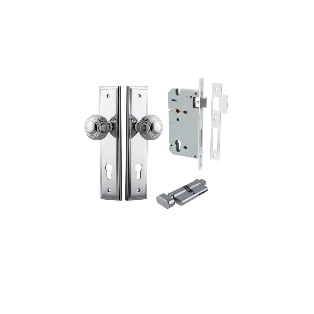 Door Knob Guildford Stepped Euro Polished Chrome CTC85mm H240xW50xP60mm Entrance Kit, Mortice Lock Euro Polished Chrome CTC85mm Backset 60mm, Euro Cylinder Key Thumb 6 Pin Polished Chrome L70mm KA1 in Polished Chrome
