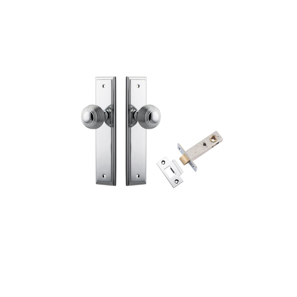 Door Knob Guildford Stepped Latch Polished Chrome H240xW50xP60mm Passage Kit, Tube Latch Split Cam 'T' Striker Polished Chrome Backset 60mm in Polished Chrome