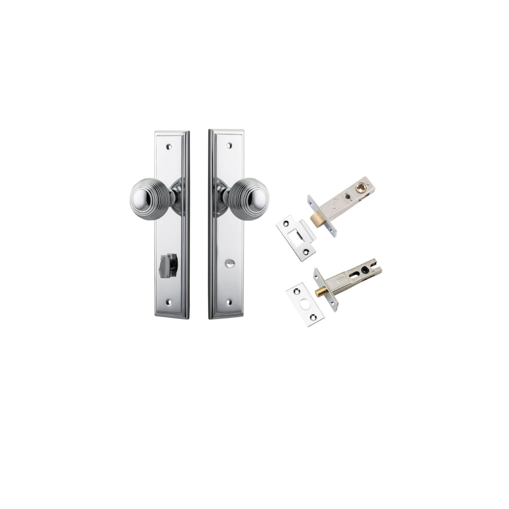 Door Knob Guildford Stepped Privacy Polished Chrome CTC85mm H240xW50xP60mm Inbuilt Privacy Kit, Tube Latch Split Cam 'T' Striker Polished Chrome Backset 60mm, Privacy Bolt Round Bolt Polished Chrome Backset 60mm in Polished Chrome