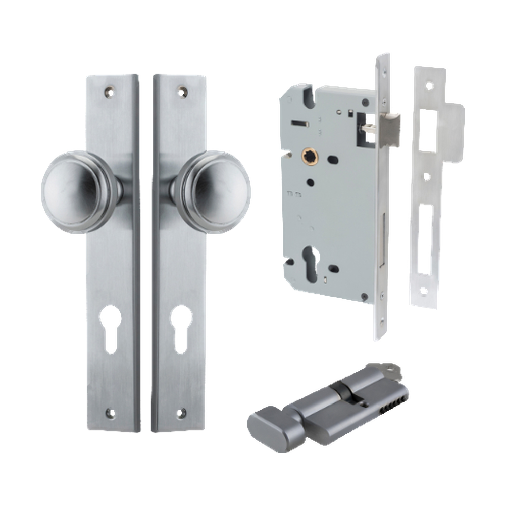 Door Knob Paddington Rectangular Euro Brushed Chrome CTC85mm H240xW38xP68mm Entrance Kit Mortice Lock Euro Brushed Chrome CTC85mm Backset 60mm, Euro Cylinder Key Thumb 6 Pin Brushed Chrome L70mm KA1 in Brushed Chrome