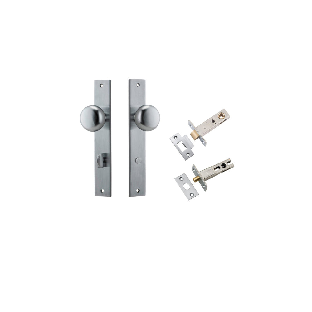 Door Knob Cambridge Rectangular Privacy Brushed Chrome CTC85mm H240xW38xP67mm Inbuilt Privacy Kit Tube Latch Split Cam 'T' Striker Brushed Chrome Backset 60mm, Privacy Bolt Round Bolt Brushed Chrome Backset 60mm in Brushed Chrome