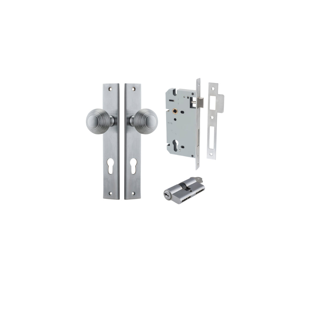 Door Knob Guildford Rectangular Euro Brushed Chrome CTC85mm H240xW38xP60mm Entrance Kit Mortice Lock Euro Brushed Chrome CTC85mm Backset 60mm, Euro Cylinder Dual Function 5 Pin Brushed Chrome L65mm KA1 in Brushed Chrome