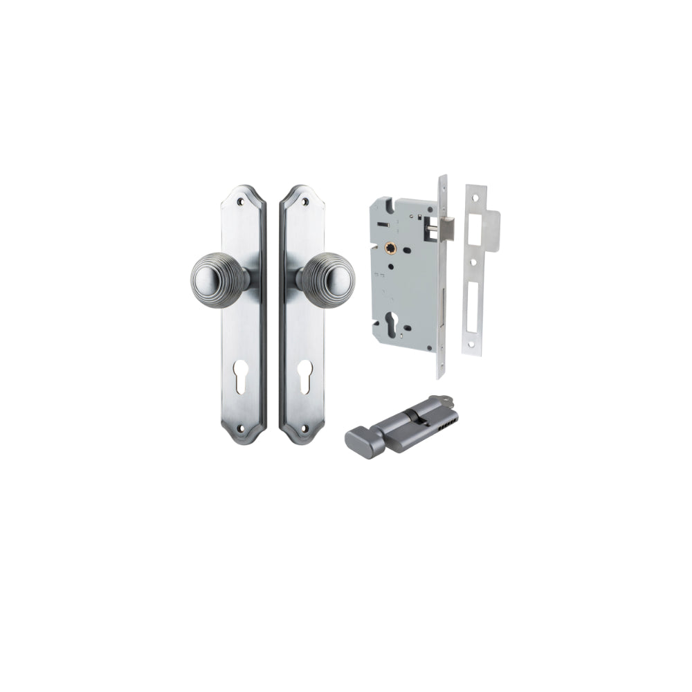 Door Knob Guildford Shouldered Euro Brushed Chrome CTC85mm H240xW50xP60mm Entrance Kit, Mortice Lock Euro Brushed Chrome CTC85mm Backset 60mm, Euro Cylinder Key Thumb 6 Pin Brushed Chrome L70mm KA1 in Brushed Chrome