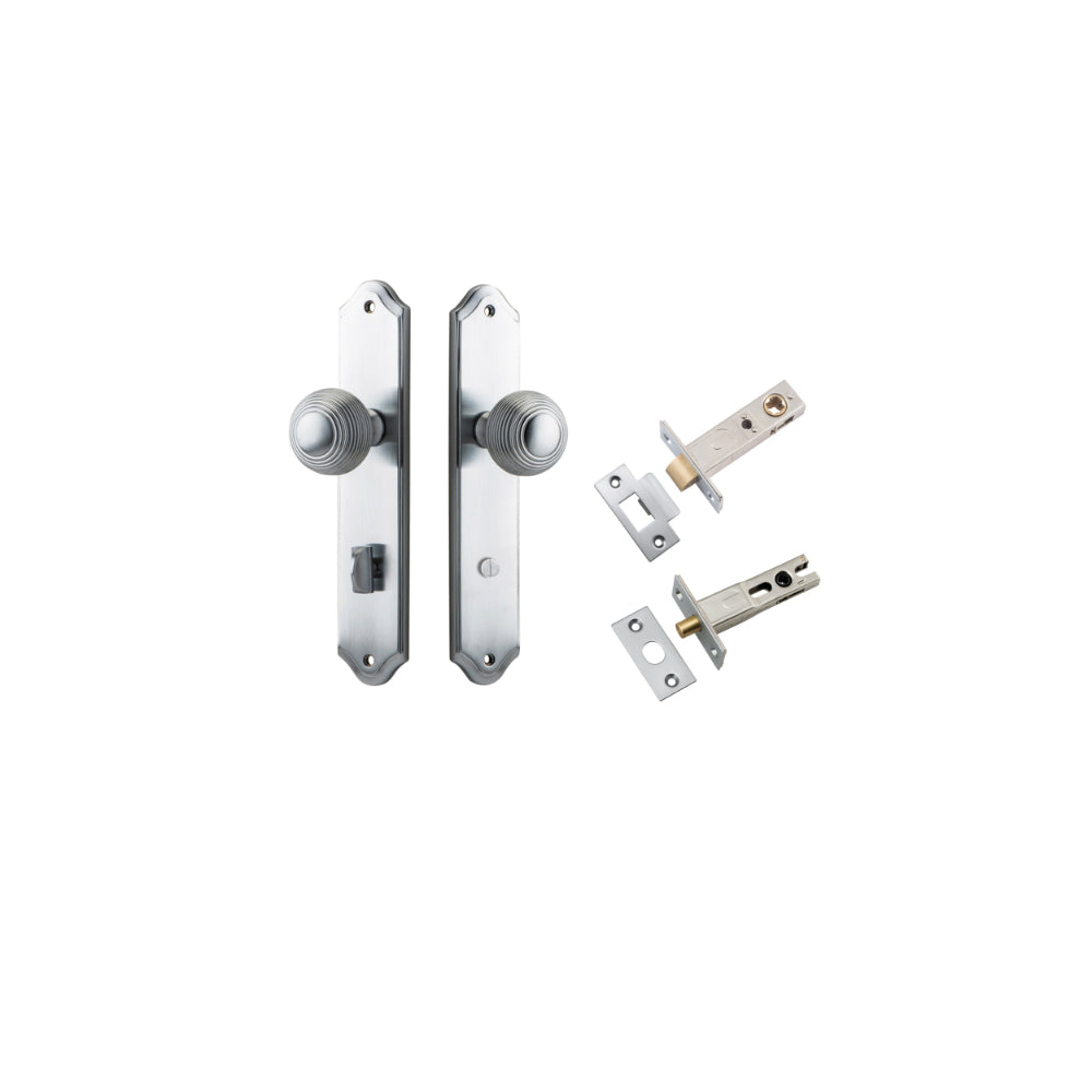 Door Knob Guildford Shouldered Privacy Brushed Chrome CTC85mm H240xW50xP60mm Inbuilt Privacy Kit, Tube Latch Split Cam 'T' Striker Brushed Chrome Backset 60mm, Privacy Bolt Round Bolt Brushed Chrome Backset 60mm in Brushed Chrome