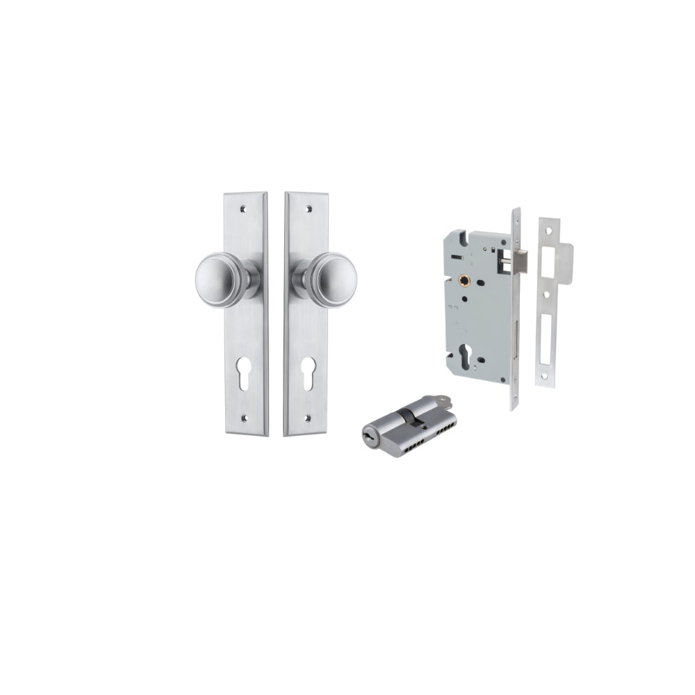 Door Knob Paddington Chamfered Euro Pair Brushed Chrome CTC85mm D55xP63mm BPH240xW50mm, Mortice Lock Euro Brushed Chrome CTC85mm Backset 60mm, Euro Cylinder Dual Function 5 Pin Brushed Chrome 65mm KA4 in Brushed Chrome