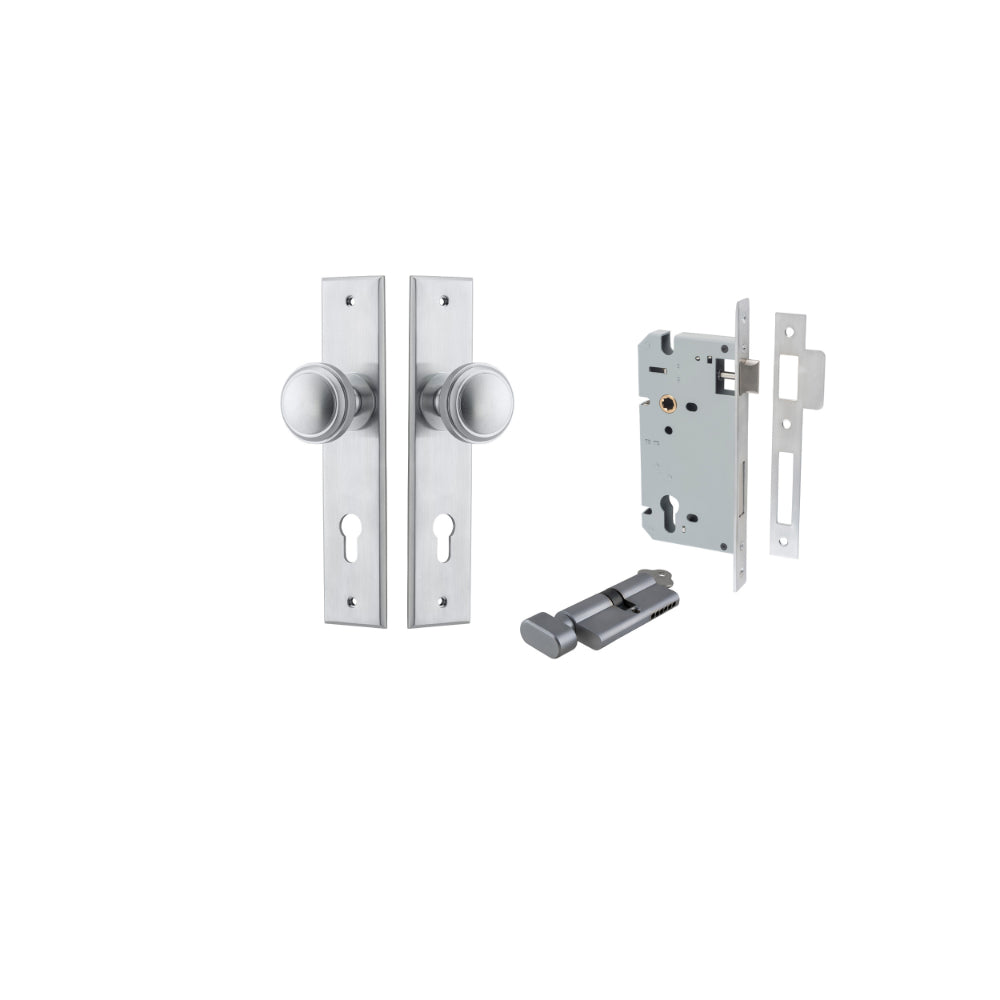 Door Knob Paddington Chamfered Euro Pair Brushed Chrome CTC85mm D55xP63mm BPH240xW50mm, Mortice Lock Euro Brushed Chrome CTC85mm Backset 60mm, Euro Cylinder Key Thumb 5 Pin Brushed Chrome 65mm KA4 in Brushed Chrome