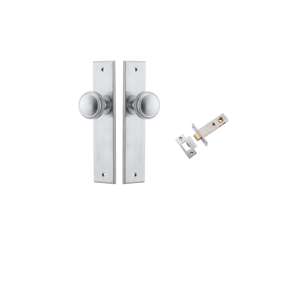 Door Knob Paddington Chamfered Brushed Chrome D55xP63mm BPH240xW50mm Passage Kit, Tube Latch Split Cam 'T' Striker Brushed Chrome Backset 60mm in Brushed Chrome