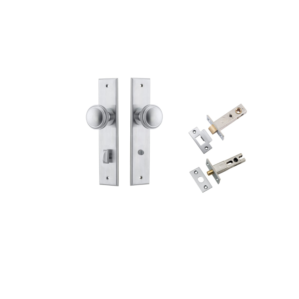 Door Knob Paddington Chamfered Privacy Brushed Chrome CTC85mm D55xP63mm BPH240xW50mm Privacy Kit, Tube Latch Split Cam 'T' Striker Brushed Chrome Backset 60mm, Privacy Bolt Round Bolt Brushed Chrome Backset 60mm in Brushed Chrome