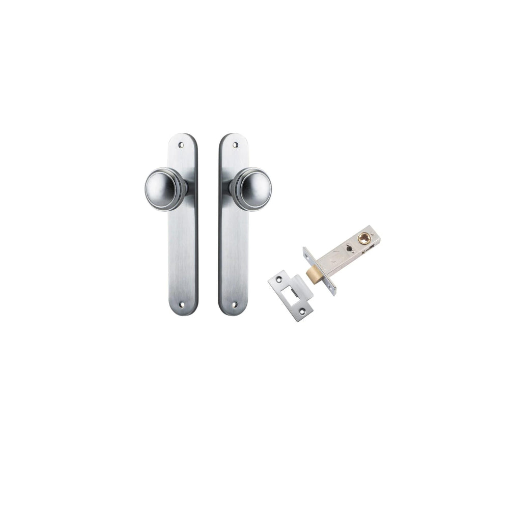 Door Knob Paddington Oval Latch Brushed Chrome H240xW40xP68mm Passage Kit, Tube Latch Split Cam 'T' Striker Brushed Chrome Backset 60mm in Brushed Chrome