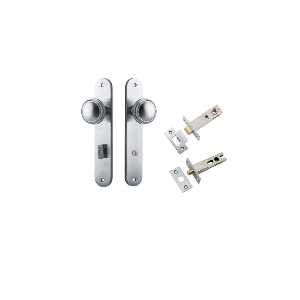 Door Knob Paddington Oval Privacy Brushed Chrome CTC85mm H240xW40xP68mm Inbuilt Privacy Kit, Tube Latch Split Cam 'T' Striker Brushed Chrome Backset 60mm, Privacy Bolt Round Bolt Brushed Chrome Backset 60mm in Brushed Chrome