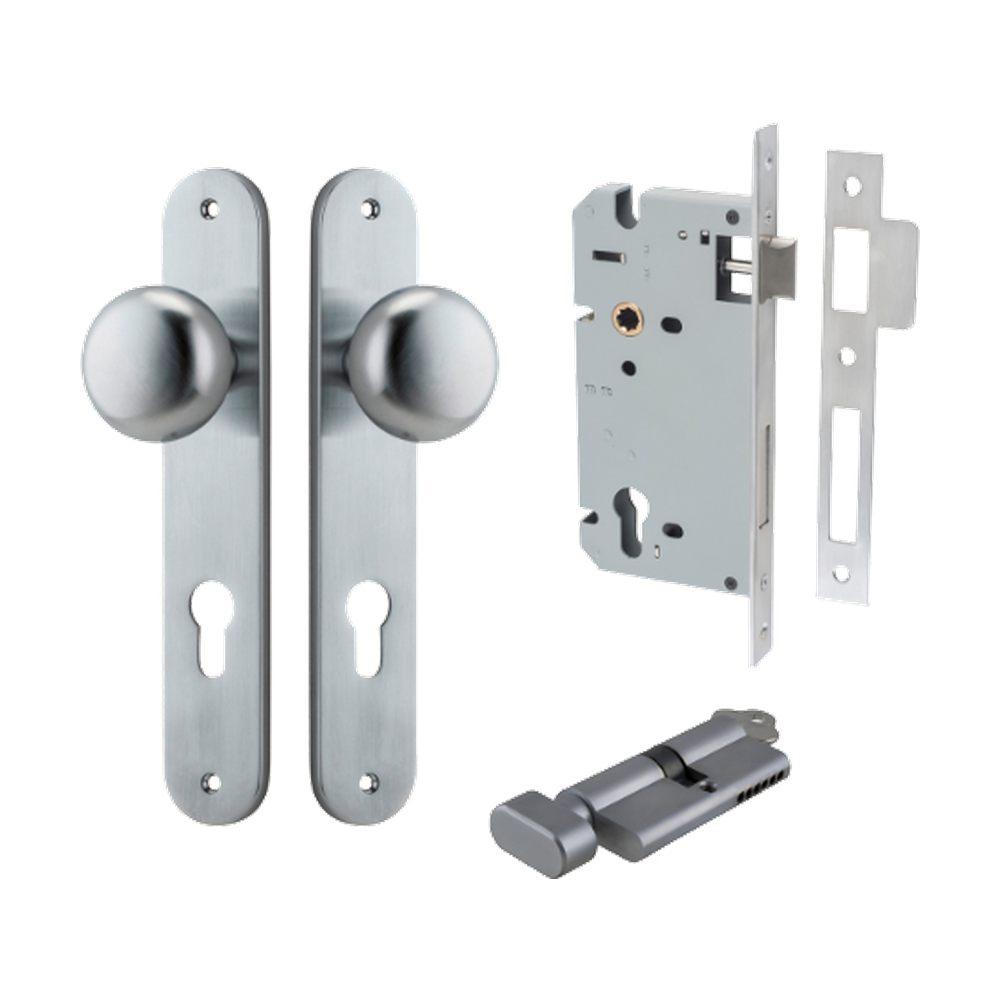 Door Knob Cambridge Oval Euro Brushed Chrome CTC85mm H240xW40xP67mm Entrance Kit, Mortice Lock Euro Brushed Chrome CTC85mm Backset 60mm, Euro Cylinder Key Thumb 6 Pin Brushed Chrome L70mm KA1 in Brushed Chrome