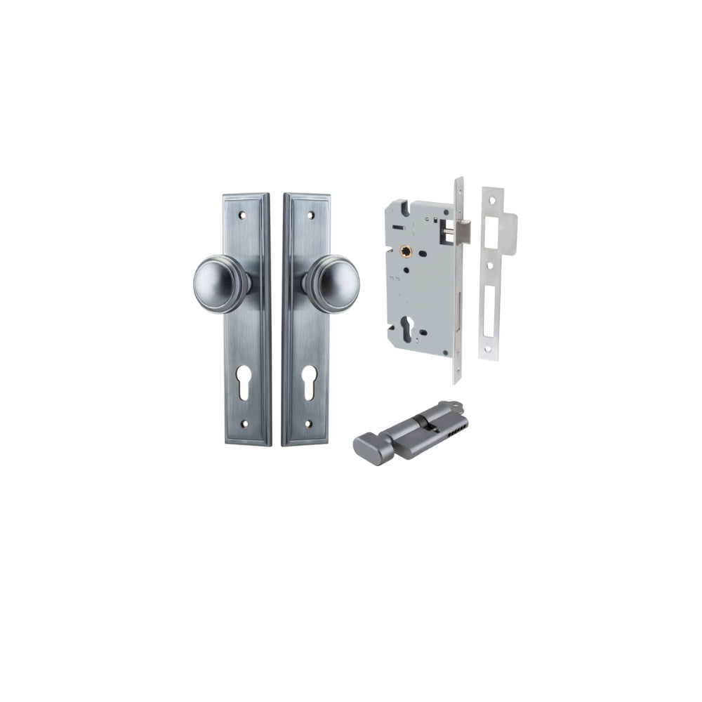 Door Knob Paddington Stepped Euro Brushed Chrome CTC85mm H240xW50xP68mm Entrance Kit, Mortice Lock Euro Brushed Chrome CTC85mm Backset 60mm, Euro Cylinder Key Thumb 6 Pin Brushed Chrome L70mm KA1 in Brushed Chrome