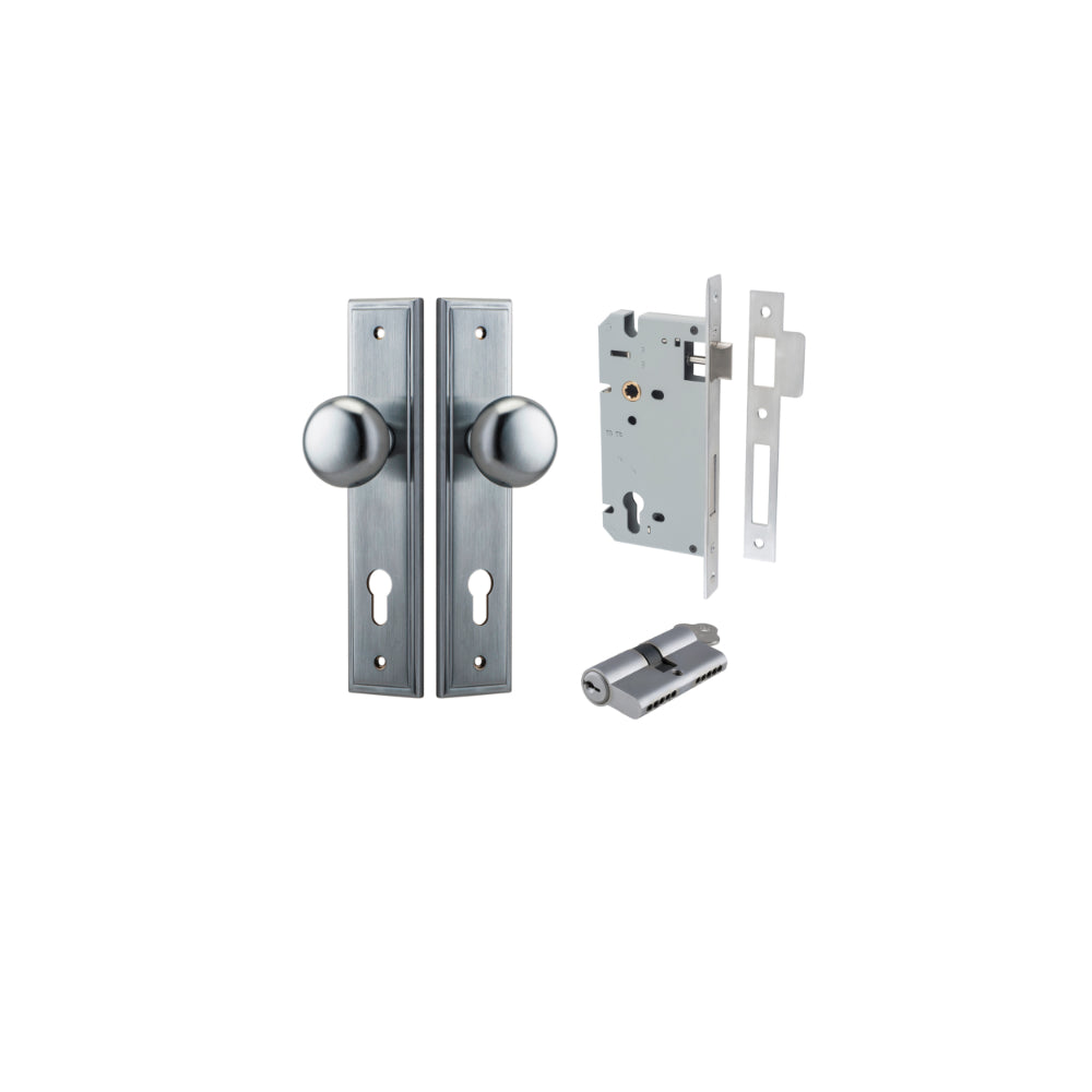 Door Knob Cambridge Stepped Euro Brushed Chrome CTC85mm H240xW50xP67mm Entrance Kit, Mortice Lock Euro Brushed Chrome CTC85mm Backset 60mm, Euro Cylinder Dual Function 5 Pin Brushed Chrome L65mm KA1 in Brushed Chrome