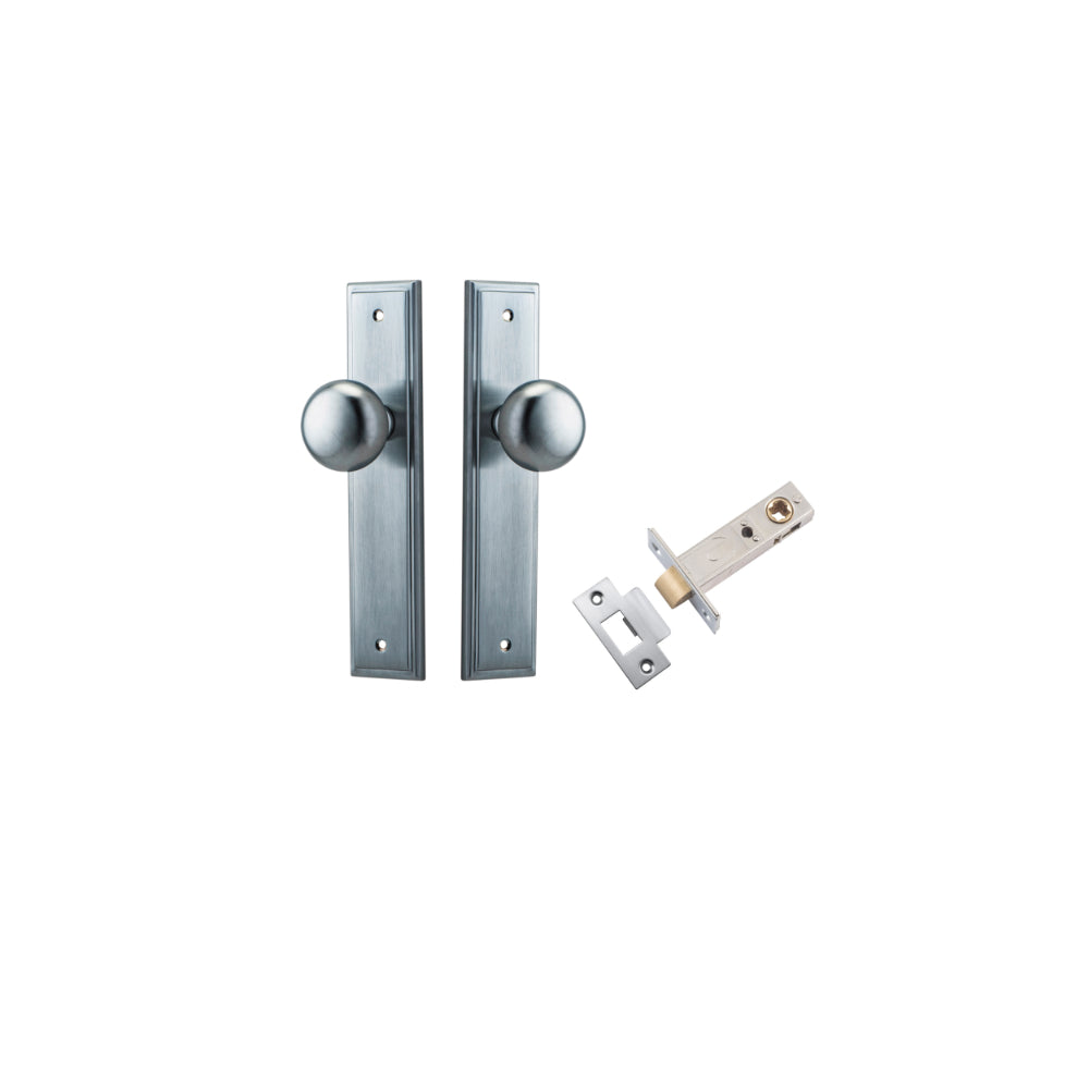 Door Knob Cambridge Stepped Latch Brushed Chrome H240xW50xP67mm Passage Kit, Tube Latch Split Cam 'T' Striker Brushed Chrome Backset 60mm in Brushed Chrome