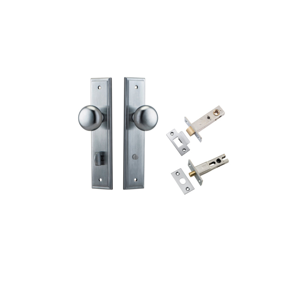 Door Knob Cambridge Stepped Privacy Brushed Chrome CTC85mm H240xW50xP67mm Inbuilt Privacy Kit, Tube Latch Split Cam 'T' Striker Brushed Chrome Backset 60mm, Privacy Bolt Round Bolt Brushed Chrome Backset 60mm in Brushed Chrome