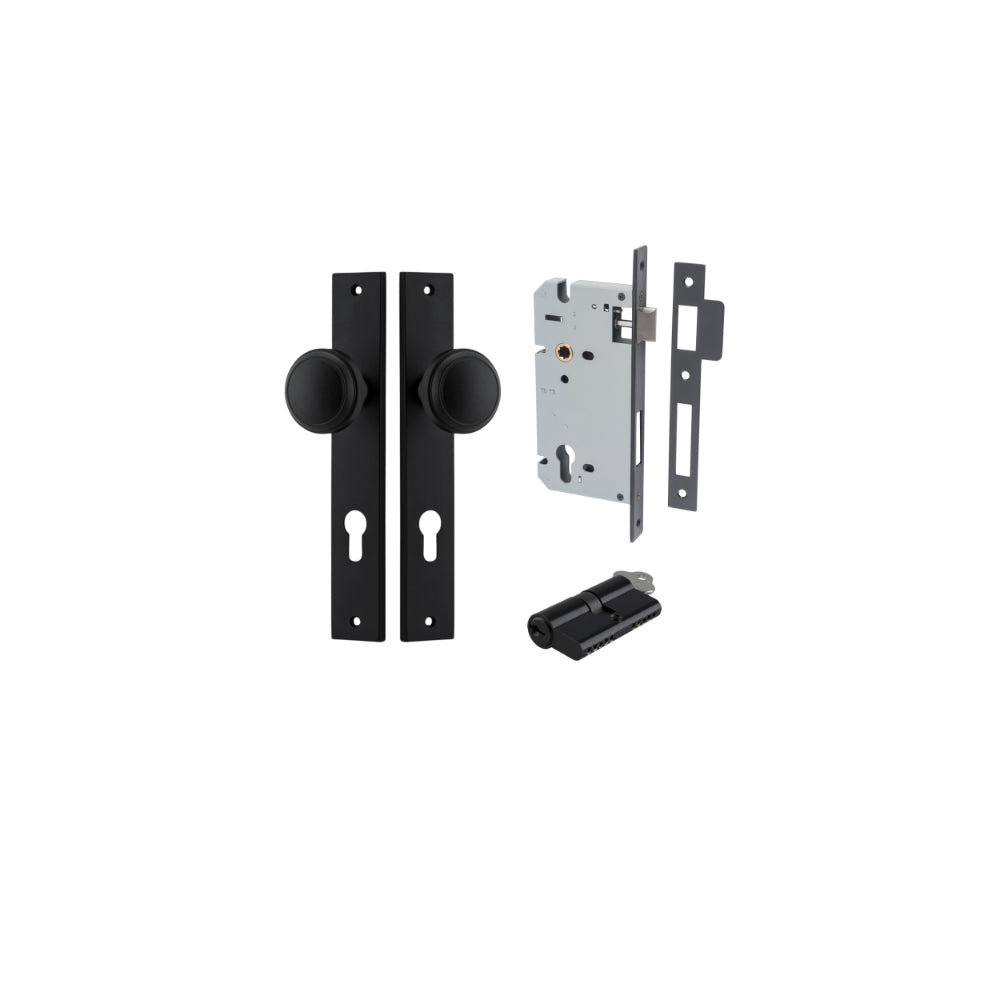 Door Knob Paddington Rectangular Euro Matt Black CTC85mm H240xW38xP68mm Entrance Kit Mortice Lock Euro Matt Black CTC85mm Backset 60mm, Euro Cylinder Dual Function 5 Pin Matt Black L65mm KA1 in Matt Black