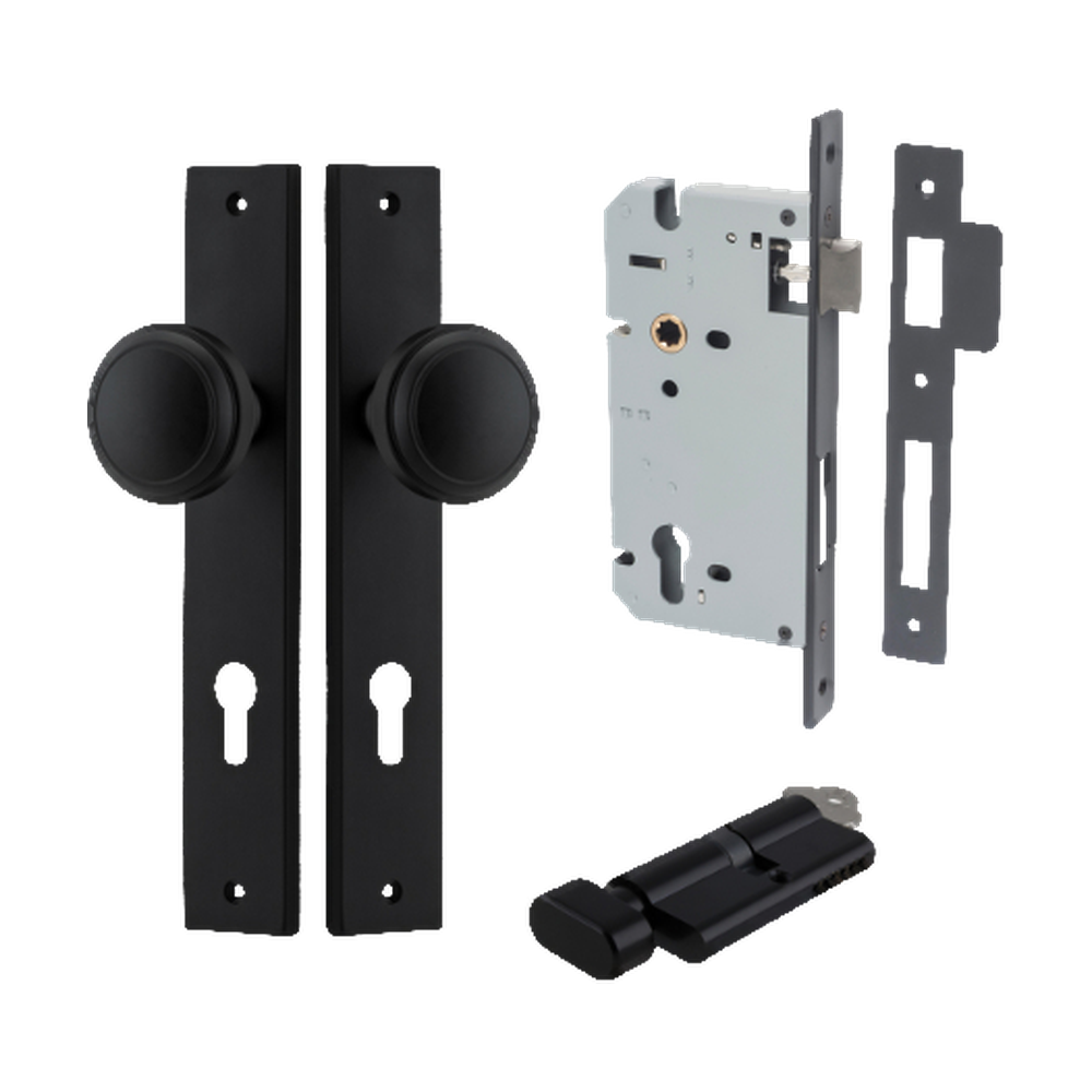 Door Knob Paddington Rectangular Euro Matt Black CTC85mm H240xW38xP68mm Entrance Kit Mortice Lock Euro Matt Black CTC85mm Backset 60mm, Euro Cylinder Key Thumb 6 Pin Matt Black L70mm KA1 in Matt Black