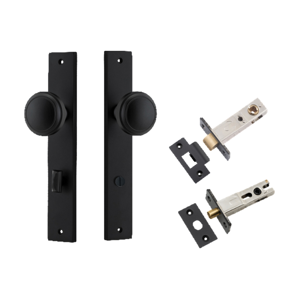 Door Knob Paddington Rectangular Privacy Matt Black CTC85mm H240xW38xP68mm Inbuilt Privacy Kit Tube Latch Split Cam 'T' Striker Matt Black Backset 60mm, Privacy Bolt Round Bolt Matt Black Backset 60mm in Matt Black
