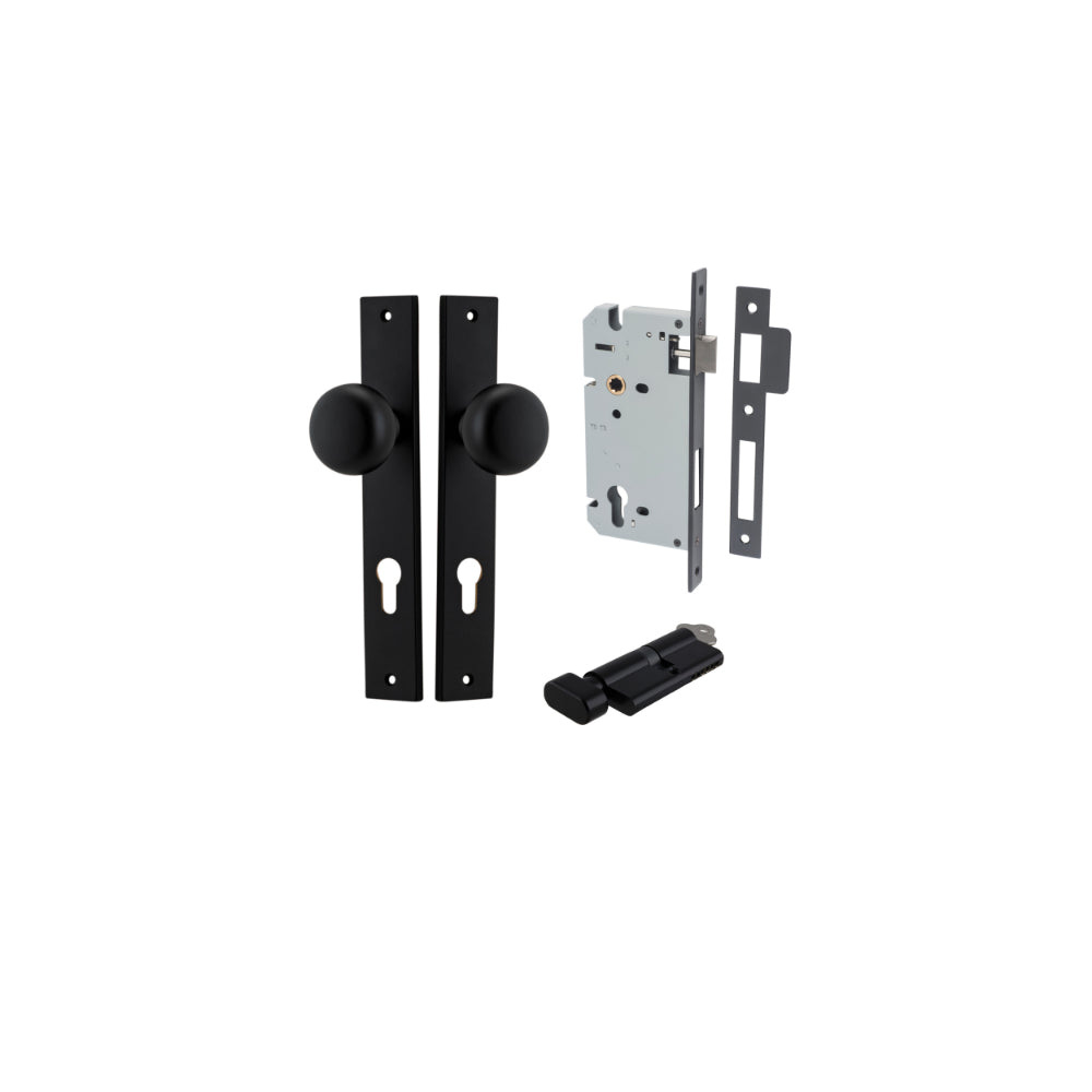 Door Knob Cambridge Rectangular Euro Matt Black CTC85mm H240xW38xP67mm Entrance Kit Mortice Lock Euro Matt Black CTC85mm Backset 60mm, Euro Cylinder Key Thumb 6 Pin Matt Black L70mm KA1 in Matt Black