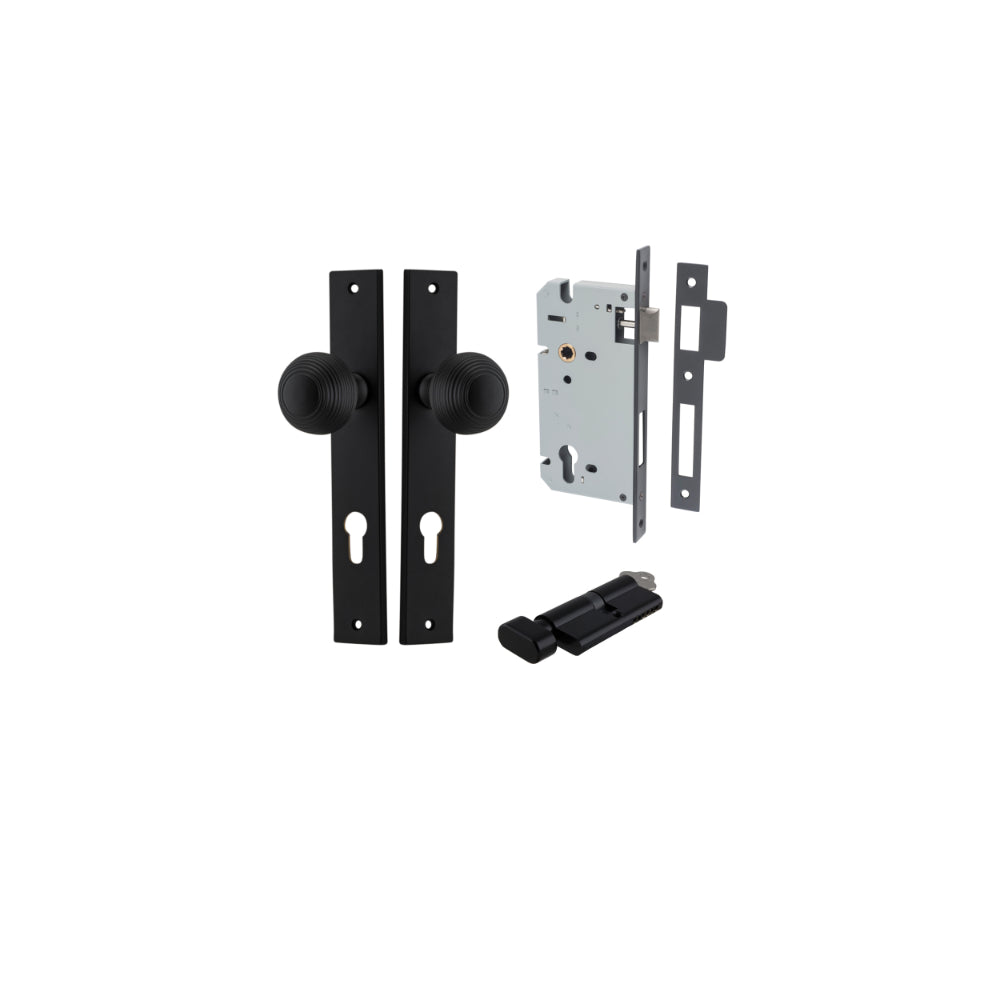 Door Knob Guildford Rectangular Euro Matt Black CTC85mm H240xW38xP60mm Entrance Kit Mortice Lock Euro Matt Black CTC85mm Backset 60mm, Euro Cylinder Key Thumb 6 Pin Matt Black L70mm KA1 in Matt Black