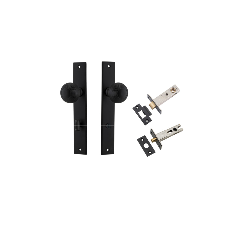 Door Knob Guildford Rectangular Privacy Matt Black CTC85mm H240xW38xP60mm Inbuilt Privacy Kit Tube Latch Split Cam 'T' Striker Matt Black Backset 60mm, Privacy Bolt Round Bolt Matt Black Backset 60mm in Matt Black