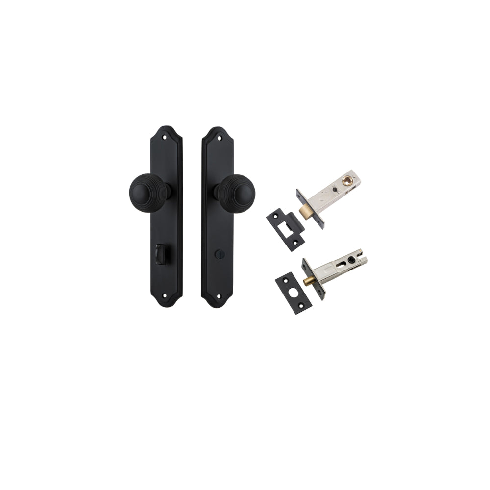 Door Knob Guildford Shouldered Privacy Matt Black CTC85mm H240xW50xP60mm Inbuilt Privacy Kit, Tube Latch Split Cam 'T' Striker Matt Black Backset 60mm, Privacy Bolt Round Bolt Matt Black Backset 60mm in Matt Black