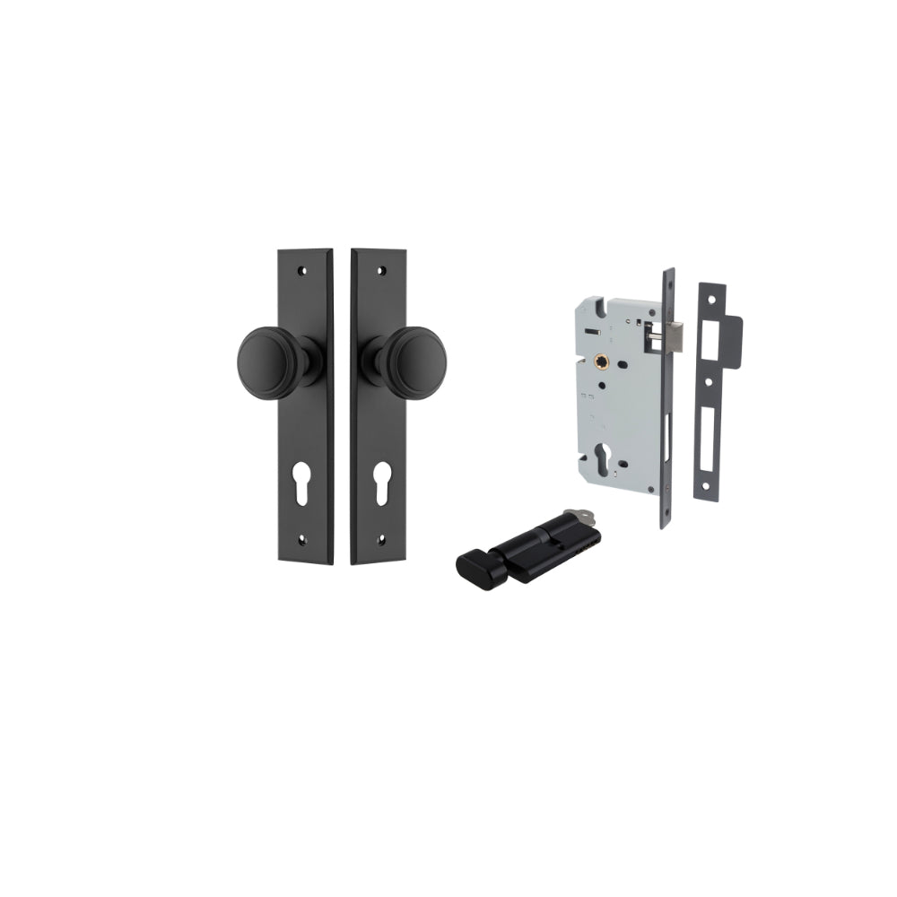 Door Knob Paddington Chamfered Euro Pair Matt Black CTC85mm D55xP63mm BPH240xW50mm, Mortice Lock Euro Matt Black CTC85mm Backset 60mm, Euro Cylinder Key Thumb 5 Pin Matt Black 65mm KA4 in Matt Black