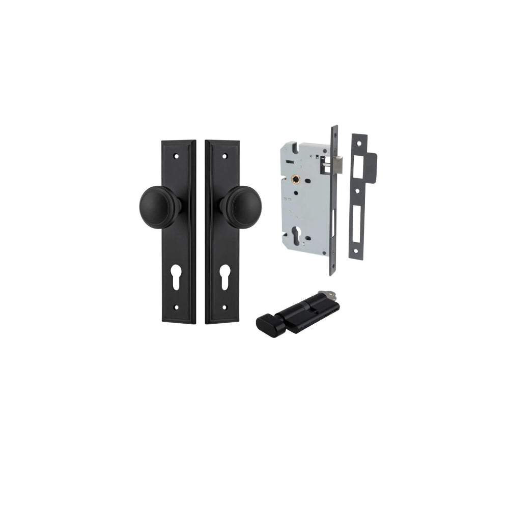 Door Knob Paddington Stepped Euro Matt Black CTC85mm H240xW50xP68mm Entrance Kit, Mortice Lock Euro Matt Black CTC85mm Backset 60mm, Euro Cylinder Key Thumb 6 Pin Matt Black L70mm KA1 in Matt Black