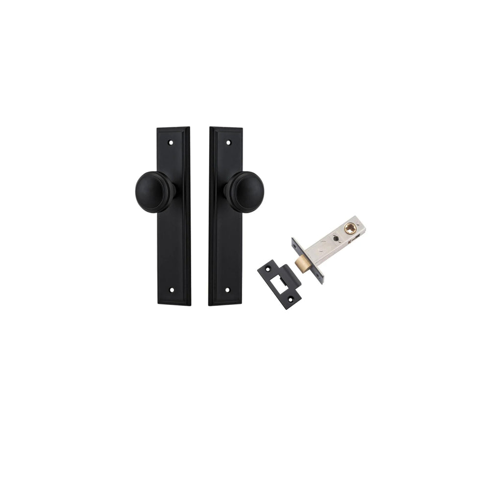 Door Knob Paddington Stepped Latch Matt Black H240xW50xP68mm Passage Kit, Tube Latch Split Cam 'T' Striker Matt Black Backset 60mm in Matt Black