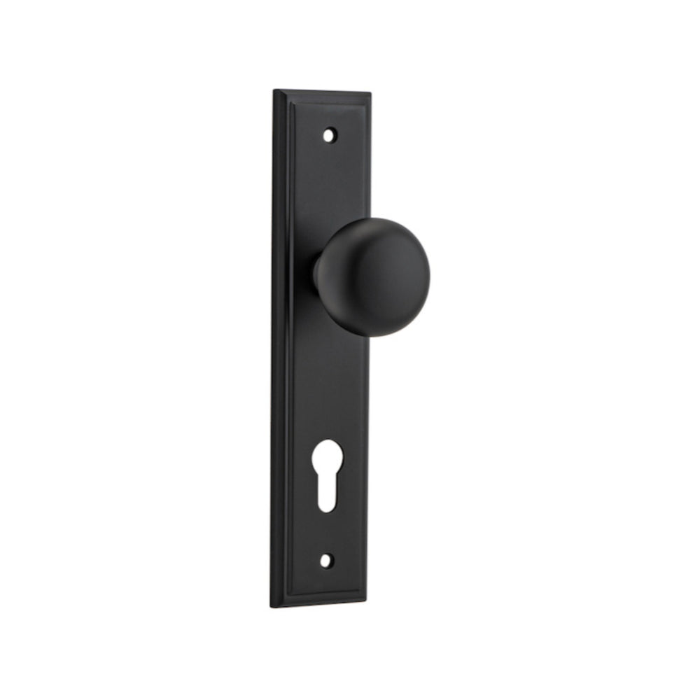 Door Knob Cambridge Stepped Euro Matt Black CTC85mm H237xW50xP67mm in Matt Black