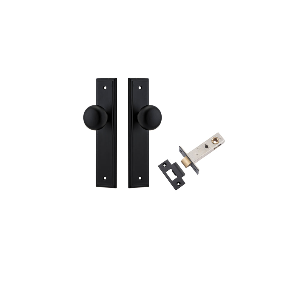 Door Knob Cambridge Stepped Latch Matt Black H240xW50xP67mm Passage Kit, Tube Latch Split Cam 'T' Striker Matt Black Backset 60mm in Matt Black