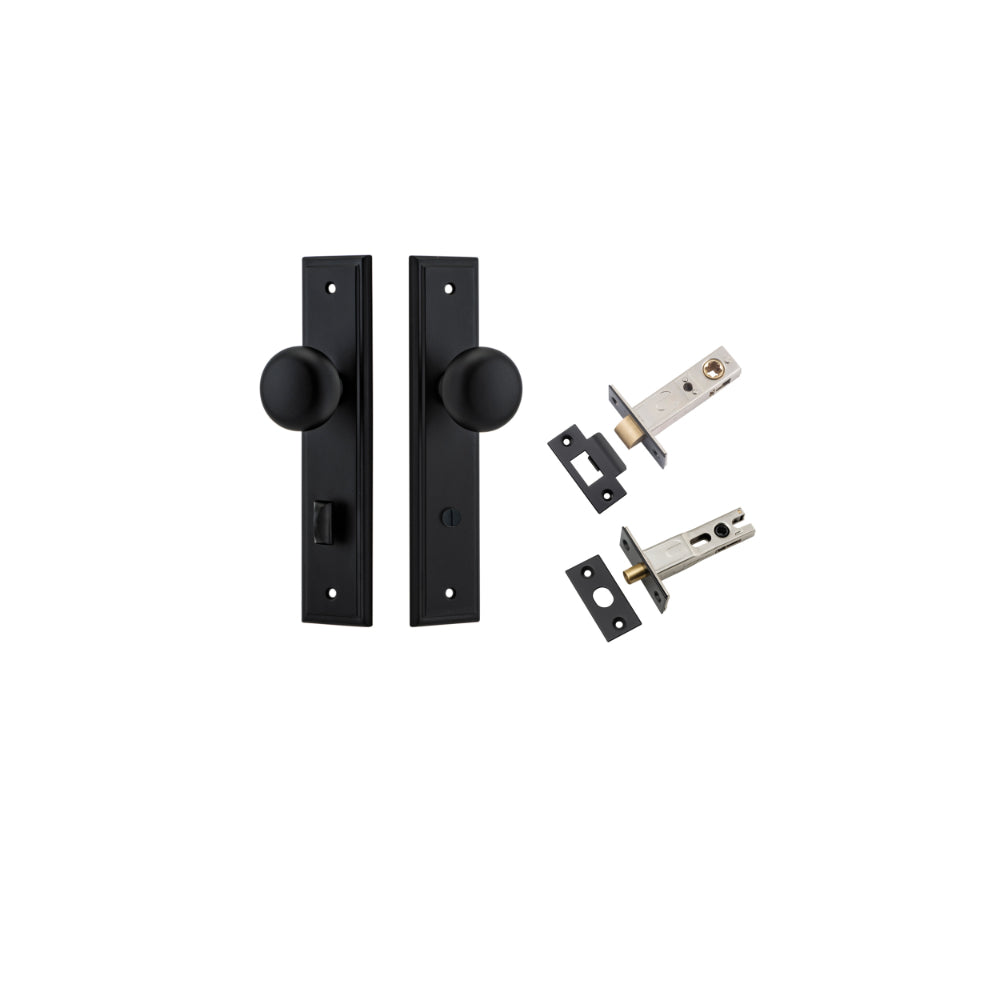 Door Knob Cambridge Stepped Privacy Matt Black CTC85mm H240xW50xP67mm Inbuilt Privacy Kit, Tube Latch Split Cam 'T' Striker Matt Black Backset 60mm, Privacy Bolt Round Bolt Matt Black Backset 60mm in Matt Black