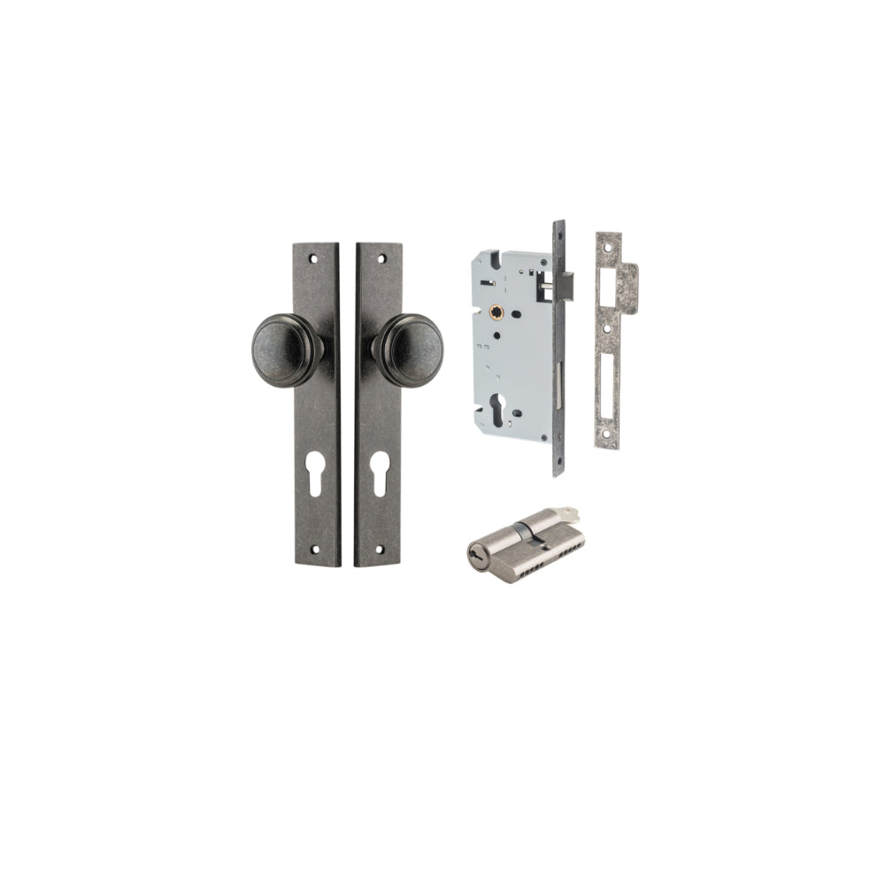 Door Knob Paddington Rectangular Euro Distressed Nickel CTC85mm H240xW38xP68mm Entrance Kit Mortice Lock Euro Distressed Nickel CTC85mm Backset 60mm, Euro Cylinder Dual Function 5 Pin Distressed Nickel L65mm KA1 in Distressed Nickel