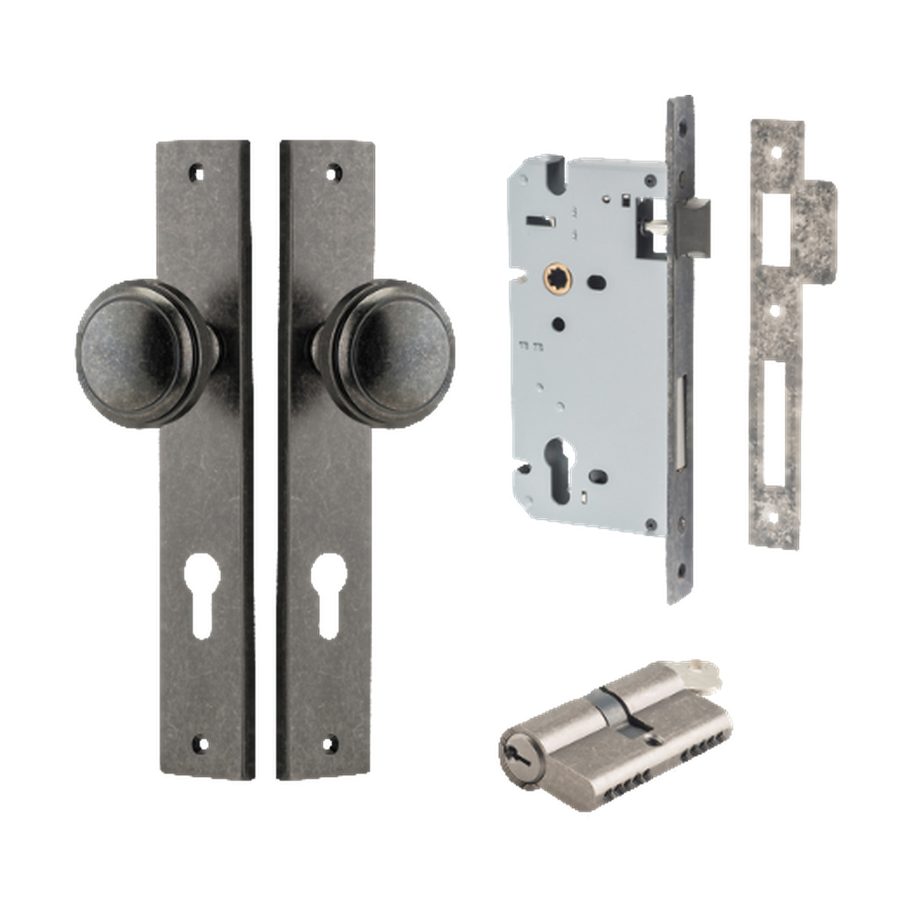 Door Knob Paddington Rectangular Euro Distressed Nickel CTC85mm H240xW38xP68mm Entrance Kit Mortice Lock Euro Distressed Nickel CTC85mm Backset 60mm, Euro Cylinder Dual Function 5 Pin Distressed Nickel L65mm KA1 in Distressed Nickel